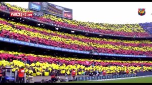 طرح موزائیکی و سرود هواداران بارسا پیش از شروع دربی کاتالان
